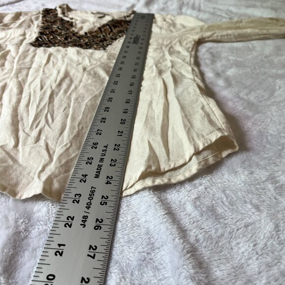 Lucky Brand Womens Beaded Embellished Long Sleeve Top Small Ivory Split Neck - Picture 7 of 10